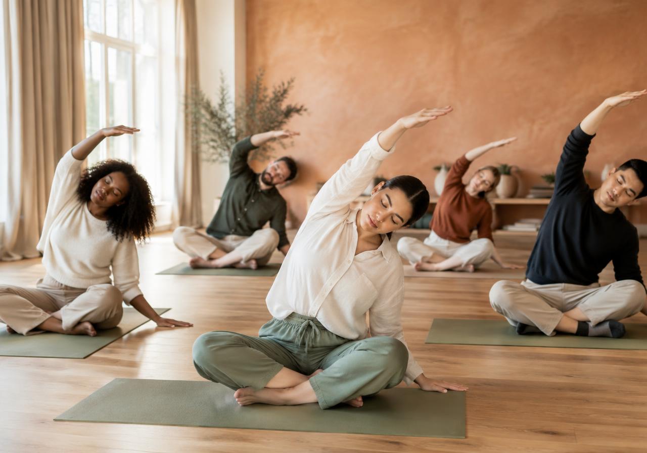 A group of colleagues practising a gentle side stretch together in a bright wellness studio