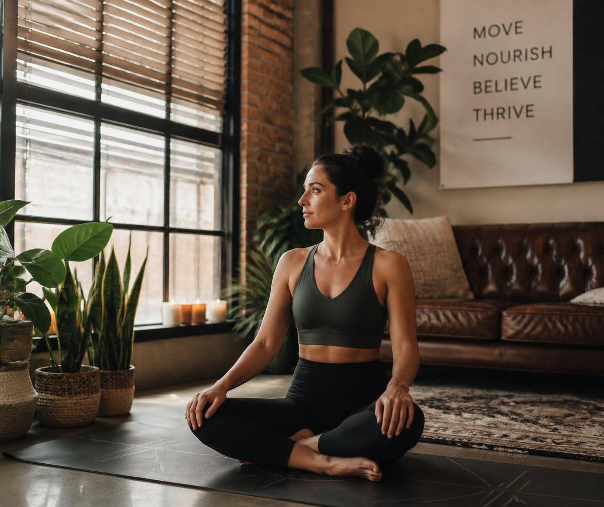 Woman sitting cross-legged on a yoga mat in a warm loft studio