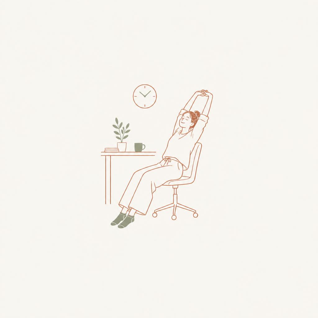 Line drawing of a woman sitting at a desk chair stretching her arms overhead, with a clock on the wall
