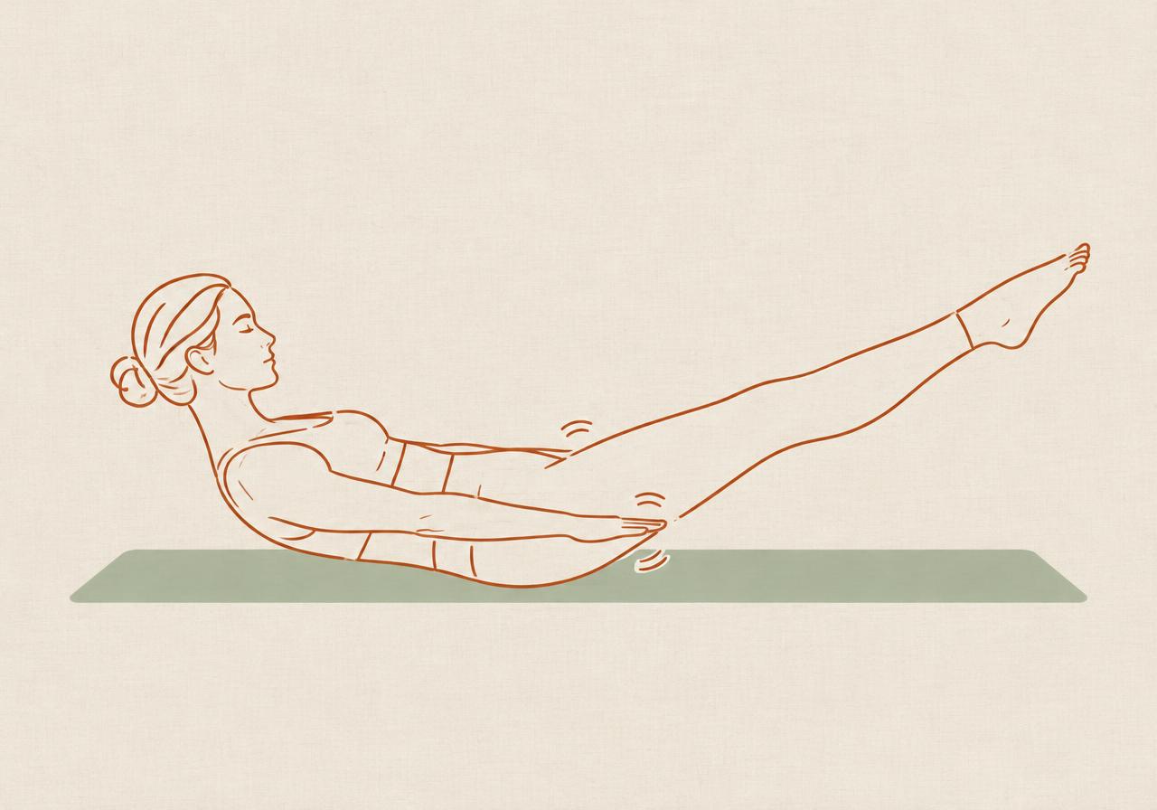 Line drawing of a woman performing the Pilates hundred on a mat, arms pulsing beside her hips