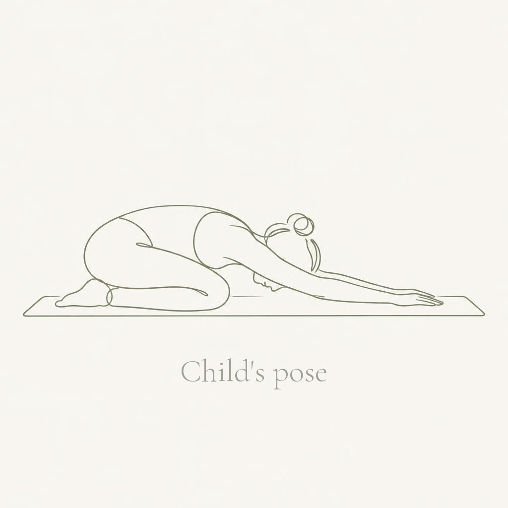 Line drawing of a figure resting in child's pose, folded forward with arms stretched out, labelled Child's pose