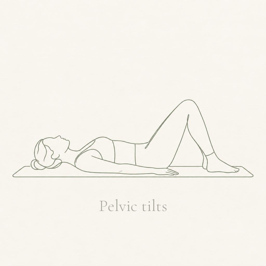 Line drawing of a figure lying on their back with knees bent and feet flat, doing a gentle pelvic tilt, labelled Pelvic tilts