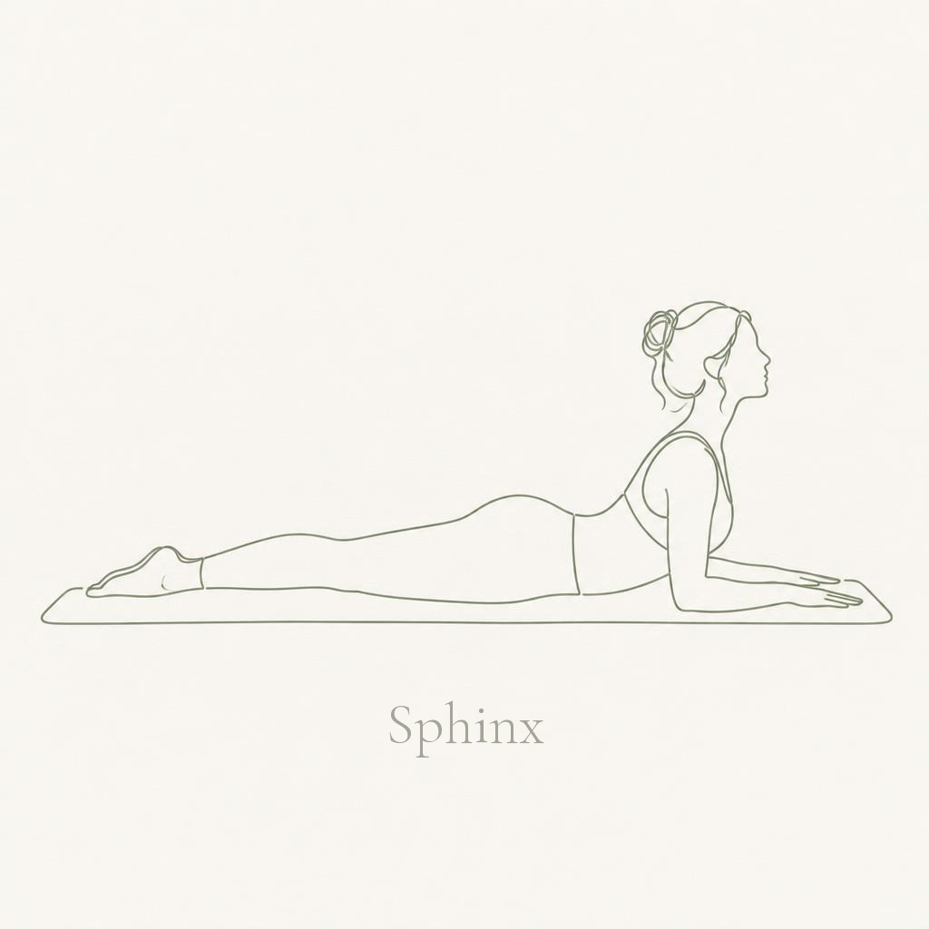 Line drawing of a figure in sphinx pose, propped on the forearms with the chest lifted, labelled Sphinx