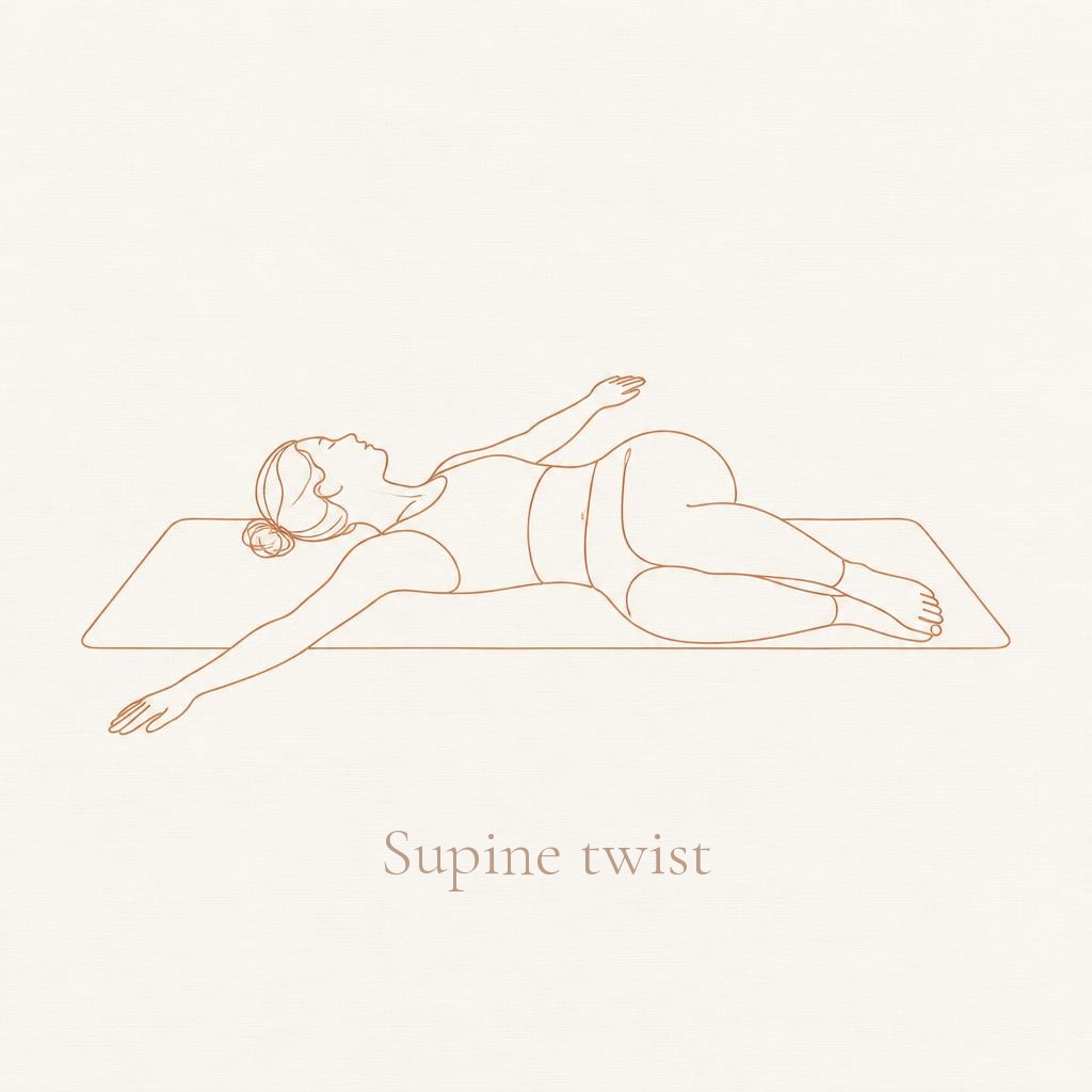 Line drawing of a figure lying on their back in a gentle spinal twist, knees falling to one side, labelled Supine twist