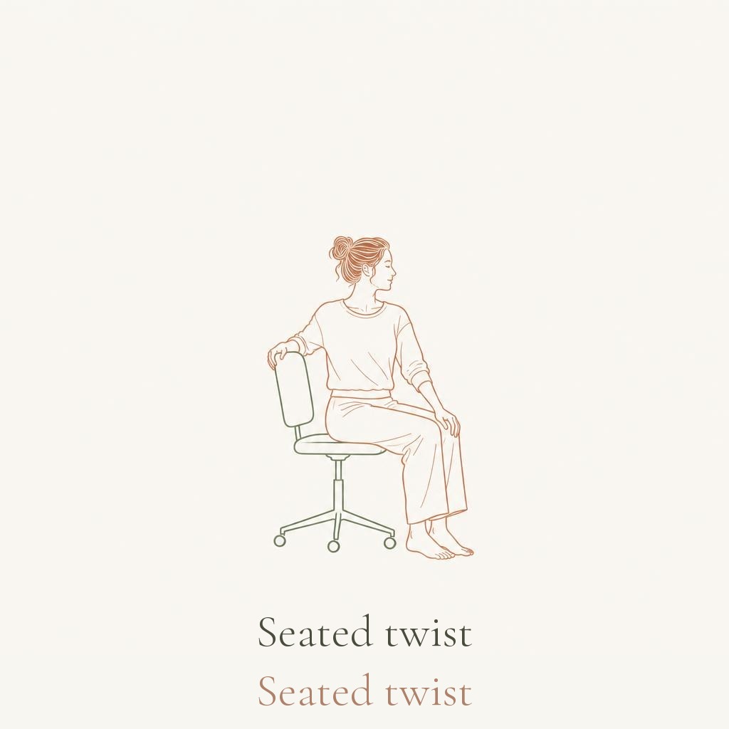 Line drawing of a woman sitting on an office chair performing a gentle seated spinal twist, labelled Seated twist
