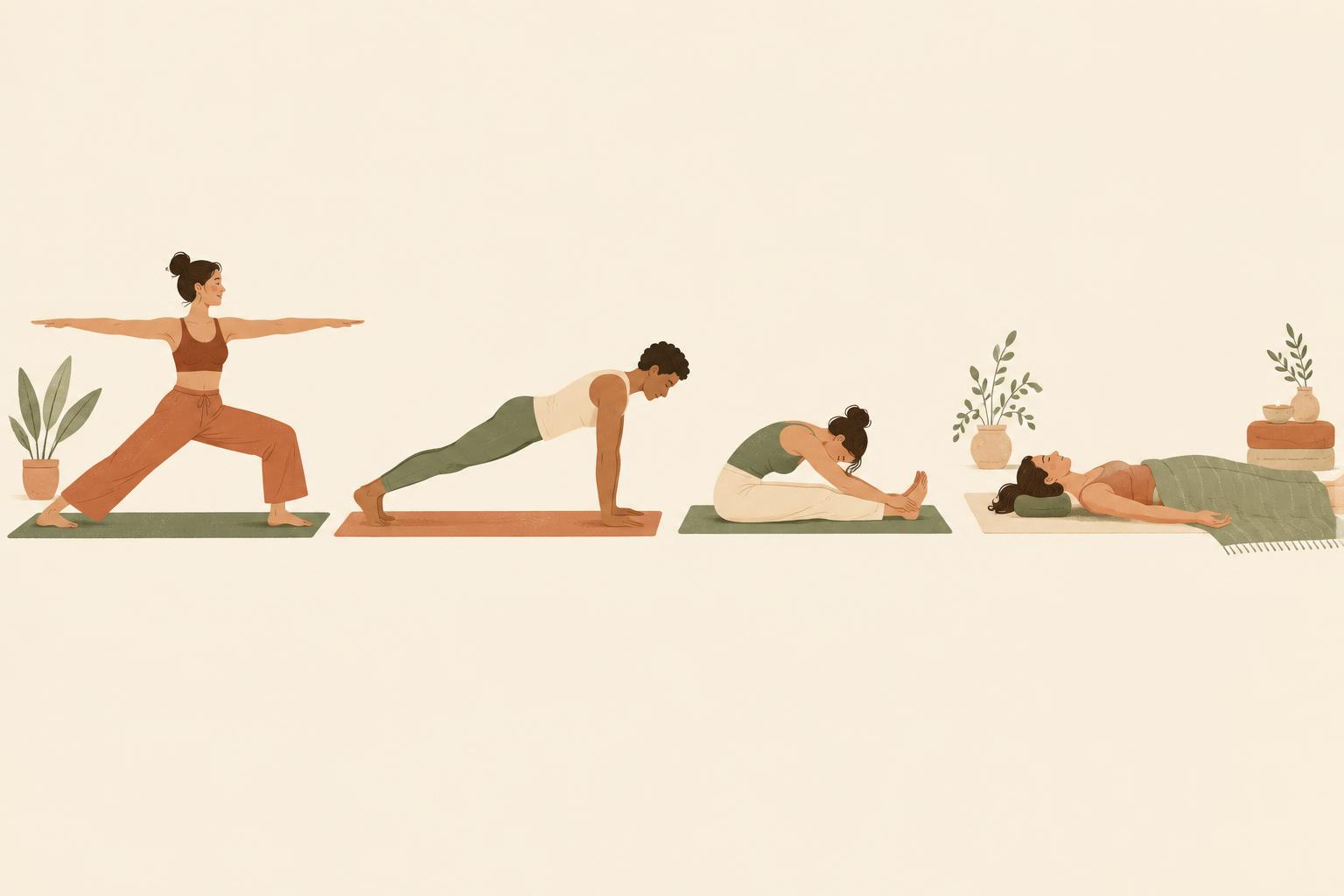 Illustration of four figures in different yoga poses