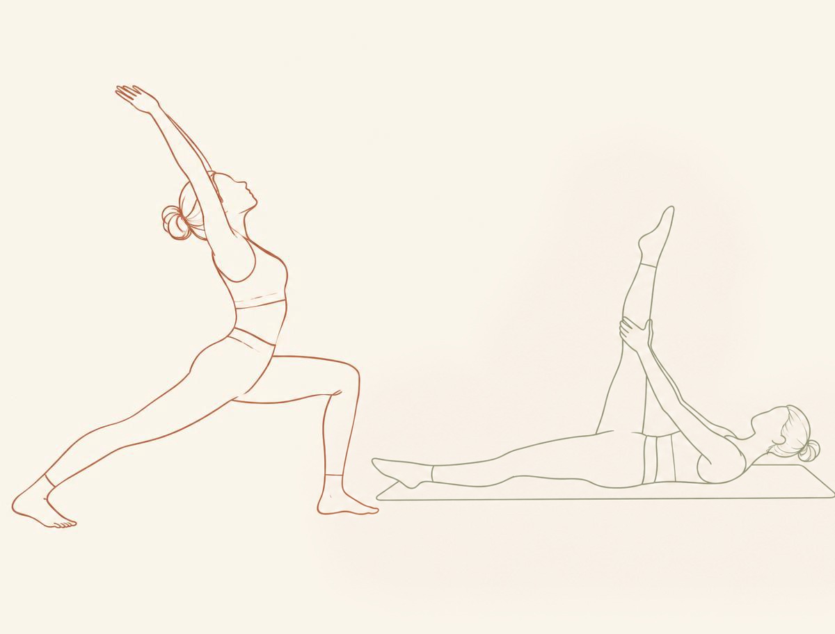 Line drawing of a figure in a yoga lunge beside a figure lying on a mat doing the pilates scissors exercise